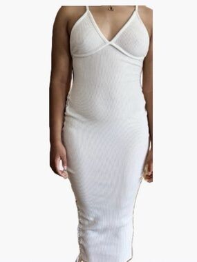 Fashion Nova Ribbed White Bodycon Midi Dress with adjustable side tie.